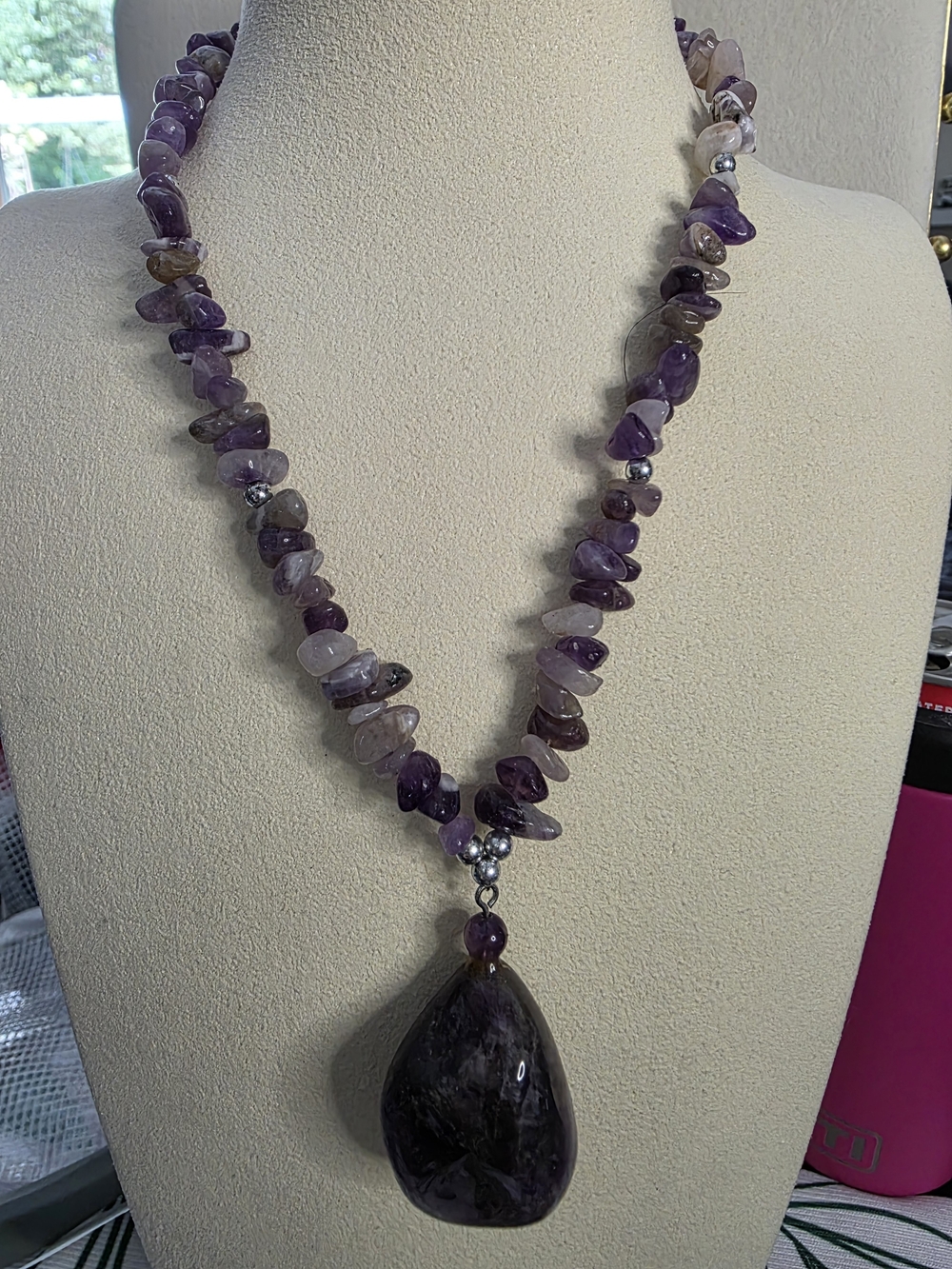 Amethyst Chip Bead Necklace with Dark Amethyst Pendant Silver Tone Hardware - Picture 2 of 10